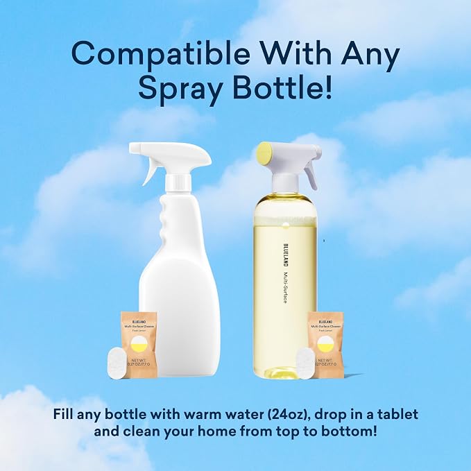 BLUELAND Multi-surface Cleaner, Starter Set, Fresh Lemon Scent, Spray Bottle with 4 Refill Tablets, All-Purpose, Eco-Friendly Cleaning Supplies, 4 x 24 Fl oz