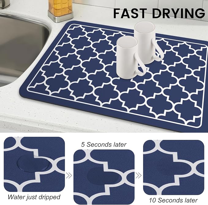 WISELIFE Dish Drying Mat Super Absorbent Drying Mat Large Dish Drying Mats for Kitchen Counter Easy Clean Dish Mat Kitchen Drying Mat16"x 24" Stylish Blue