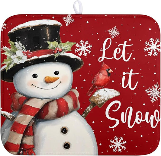 Snowman Christmas Dish Drying Mat Winter Drying Mats for Kitchen Counter Xmas Holiday Red Dish Draining Mat Microfiber Absorbent Reusable Dish Rack Pad 16x18 Inch