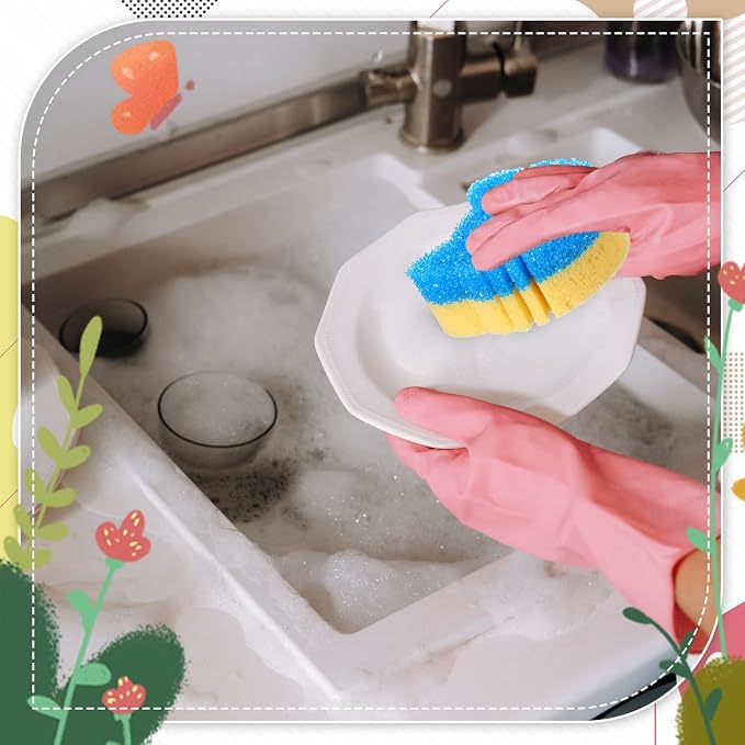 FillTouch 3 Pcs Dual Sided Scrub Sponge Multi Functional Cute Temperature Sensitive Non Scratch Dish Sponge for Washing Dishes Kitchen Bathroom (Cat,Green, Orange, Blue)