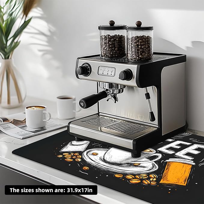 Dish Drying Mat Large Coffee Mat Absorbent Drying Mat for Kitchen Counter Coffee Bar Accessories 32"x 17", Coffee and Beans 5