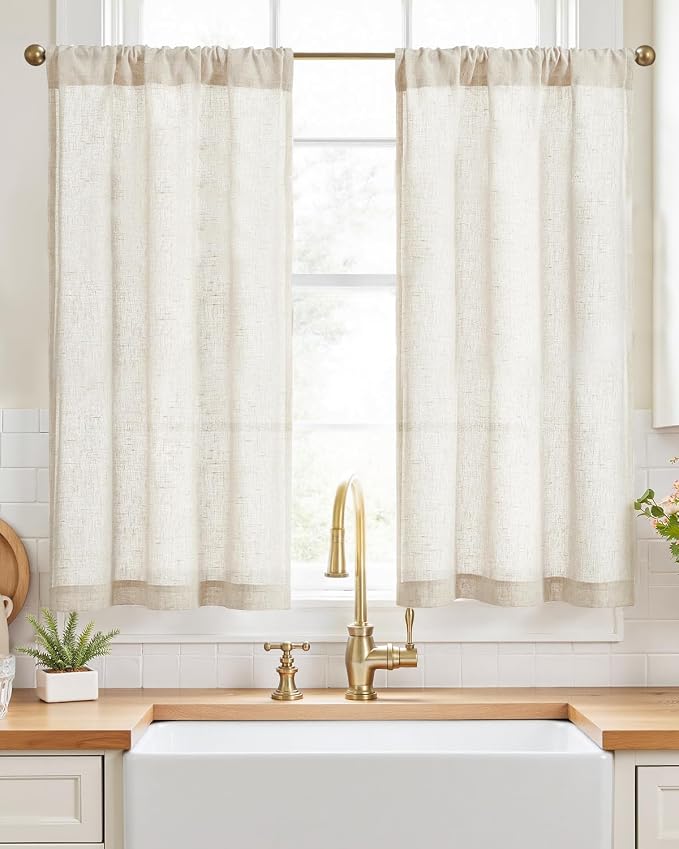 jinchan Rustic Linen Rod Pocket Tier Curtains, 26x45, 2 Panels, Natural | Light filtering, cafe curtains, machine washable, farmhouse, kitchen, bathrooms, laundry, small window, over sink