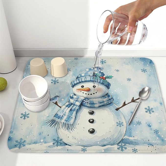 Winter Snowman Dish Drying Mat for Kitchen Counter 16x18 Inch | Blue Christmas Snowflake Snow Scene Dish Drainer Mat Rustic Seasonal Holiday Absorbent Washable Drying Pad