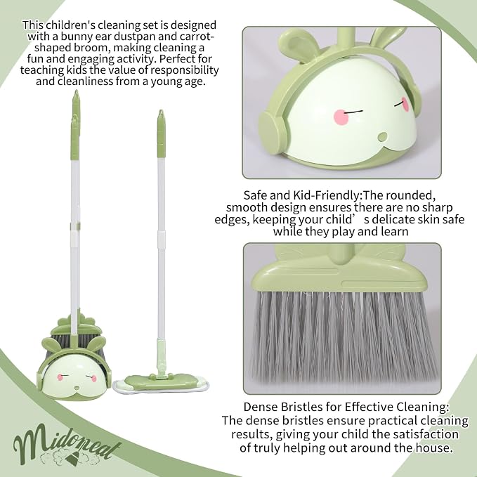 Midoneat Kids Cleaning Toy Set, Mini Child Broom, Mop and Dustpan, Little Housekeeping Helper Set ,Pretend Home Cleaning Play Set for Toddler Height 75-115cm,6pcs (Green)