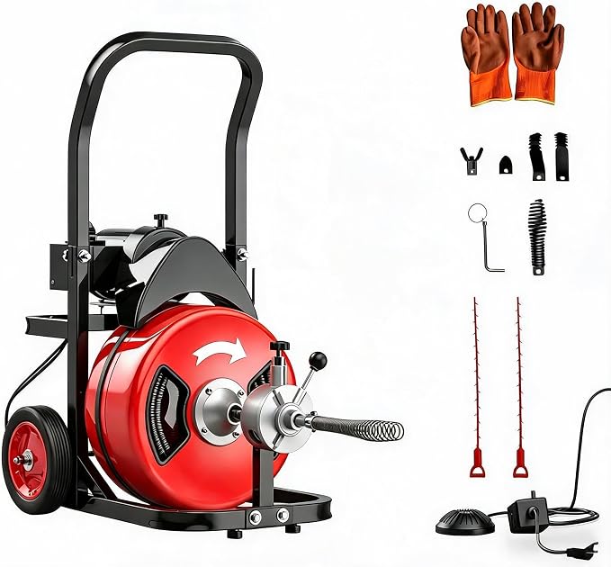 100Ft 3/4 Inch Drain Cleaning Machine. Sewer Snake 750w Auto Feed with 6 Cutter, Portable Drain Cleaning Machine Electric Drain Auger Sewer Auger Air-Activated Foot Switch for 4" to 8" Pipes