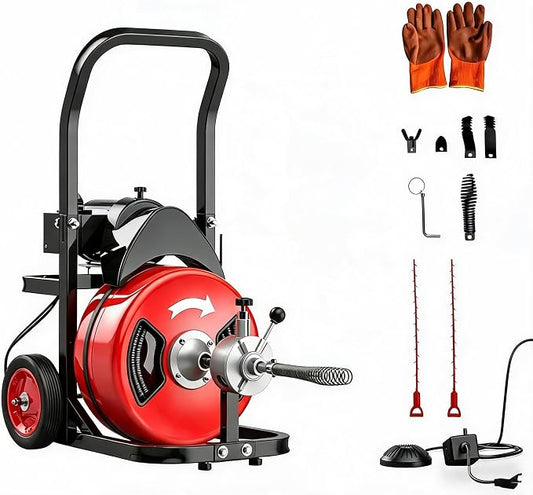 100Ft 3/4 Inch Drain Cleaning Machine. Sewer Snake 750w Auto Feed with 6 Cutter, Portable Drain Cleaning Machine Electric Drain Auger Sewer Auger Air-Activated Foot Switch for 4" to 8" Pipes