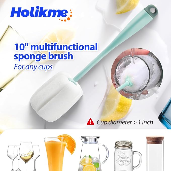 Holikme Bottle Brush Tube Cleaning Lab Set with Long Handle, Cup Cleaner for Washing Narrow Neck Beer Wine Decanter Pipes Lids Sinks Cap Covers, Green