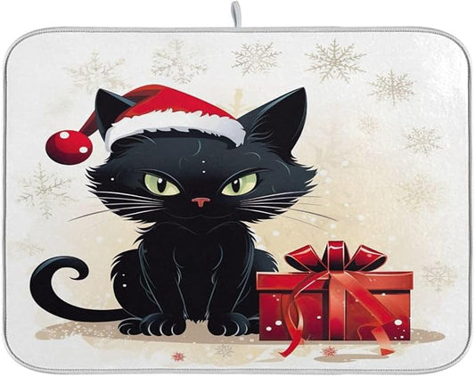 Christmas Dish Drying Mat Kitchen Counter Absorbent Black Cat Coffee Sink Mat Dish Drainer Pad 18 Inch x 24 Inch