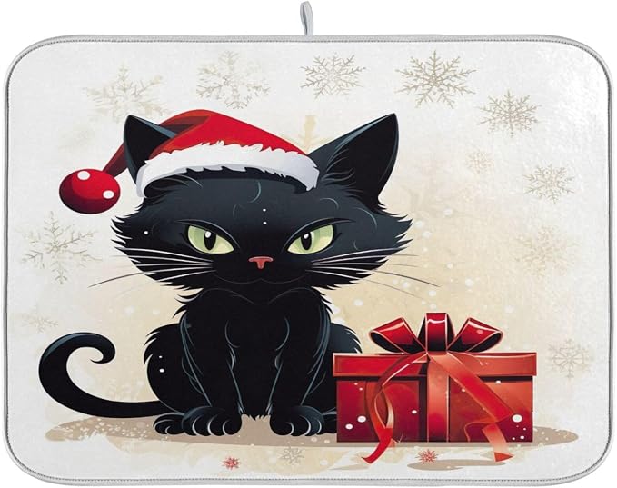Christmas Dish Drying Mat Kitchen Counter Absorbent Black Cat Coffee Sink Mat Dish Drainer Pad 18 Inch x 16 Inch