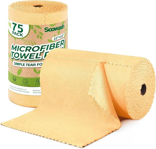 Microfiber Cleaning Cloths Roll, 75 Pack Tear Away Microfiber Towels Roll, 12" x 12" Lint Free Rags, Reusable Cleaning Cloths, Washable, Scratch Free,Ultra Absorbent Dish Rags(Orange)