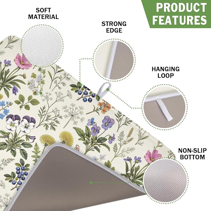 Rustic Botanical Print Floral Dish Drying Mat 16x18 Inch | Polyester，Absorbent Microfiber，for Kitchen Coffee Dining Bar Decor