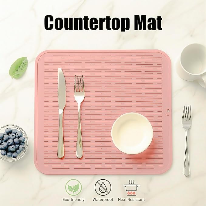 MicoYang Silicone Dish Drying Mat for Multiple Usage,Easy clean,Eco-friendly,Heat-resistant Silicone Mat for Kitchen Counter or Sink,Refrigerator or Drawer Liner Pink XL 18 inches x 16 inches
