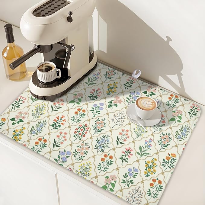Floral Dish Drying Mat for Kitchen Counter Spring Summer Wild Flowers Diamond Pattern Microfiber Dish Drainer Mat Rustic Absorbent Washable Drying Pad Extra Large 18"x24"