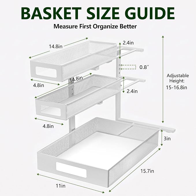 3 Tier Under Sink Organizer,1 Pack Pull Out Cabinet Shelves with Adjustable Height,Heavy Duty Carbon Steel L-Shaped Storage for Kitchen Bathroom Sink,Pantry & Laundry,White