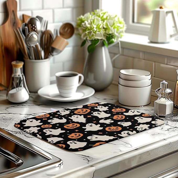 Halloween Dish Drying Mat for Kitchen Counter Pumpkin Spooky Ghosts Fall Dish Mat Absorbent Microfiber Reversible Dish Draining Mat Medium Dishes Pad 16 X 18 Inch