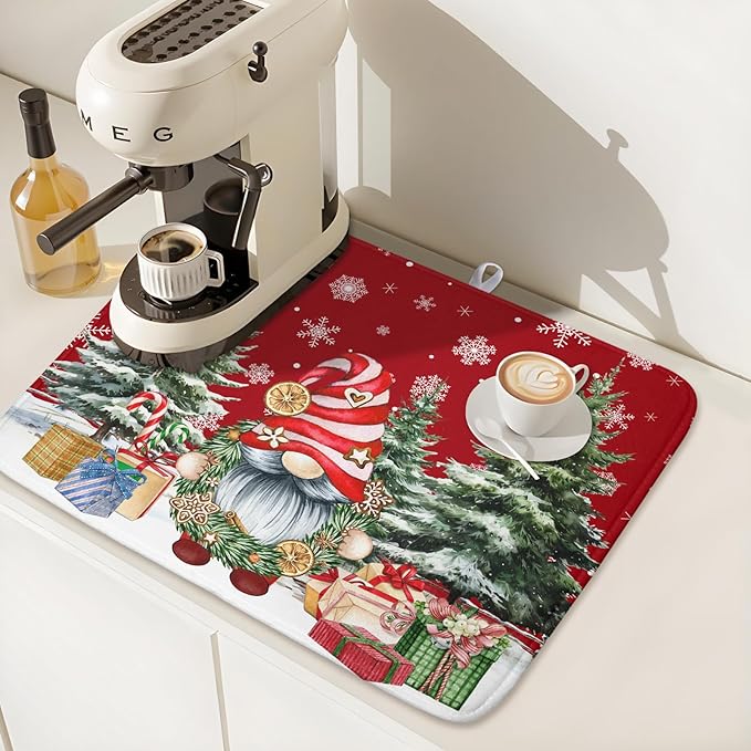 Christmas Dish Drying Mat for Kitchen Counter, Merry Christmas Dish Drying Mat 18 x 24 Inch Xmas Gnomes Absorbent Reversible Microfiber Dish Drying Pad Kitchen Drying Mat for Coffee Bar