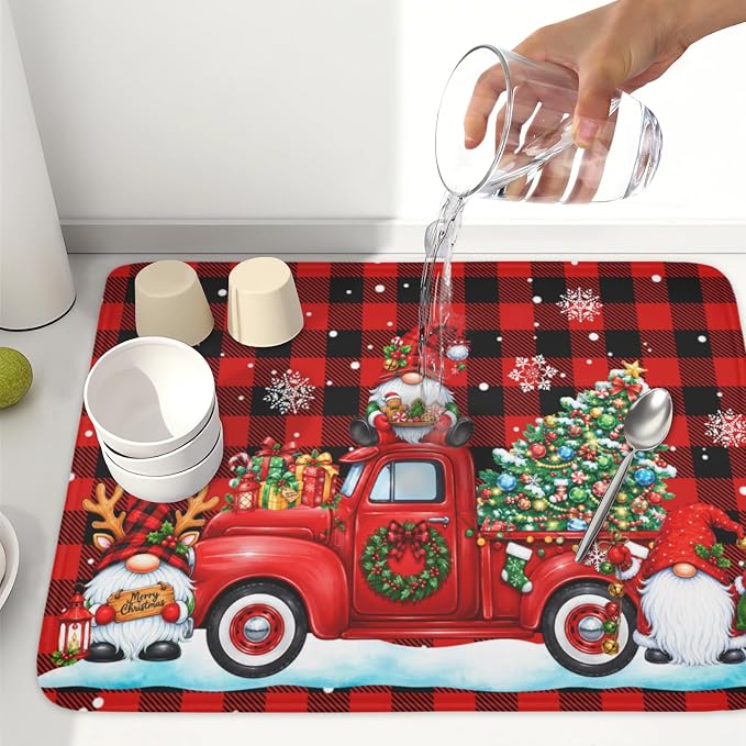 Christmas Dish Drying Mat for Kitchen Counter Xmas Gnome Truck Red Black Buffalo Plaid Dish Drainer Mat Rustic Farmhouse Holiday Absorbent Washable Drying Pad 18"x24"