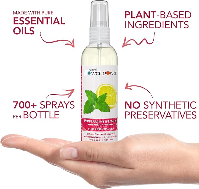 Natural Flower Power Air Freshener Spray - Odor Eliminator with Essential Oils for the Home, Car & Fabric - Cruelty Free & Vegan - Peppermint & Lemon - 3 x 4 oz
