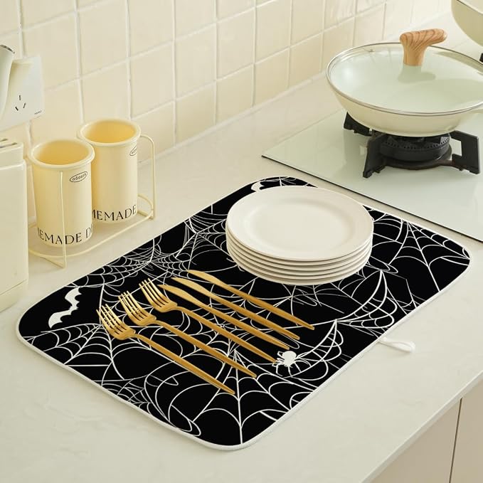 Halloween Dish Drying Mat 18 x 24 Inch Bat Spider Web Drying Mat for Kitchen Counter Absorbent Spiders Black Dishes Dry Pad for Drainer Rack Kitchen Fast Dry