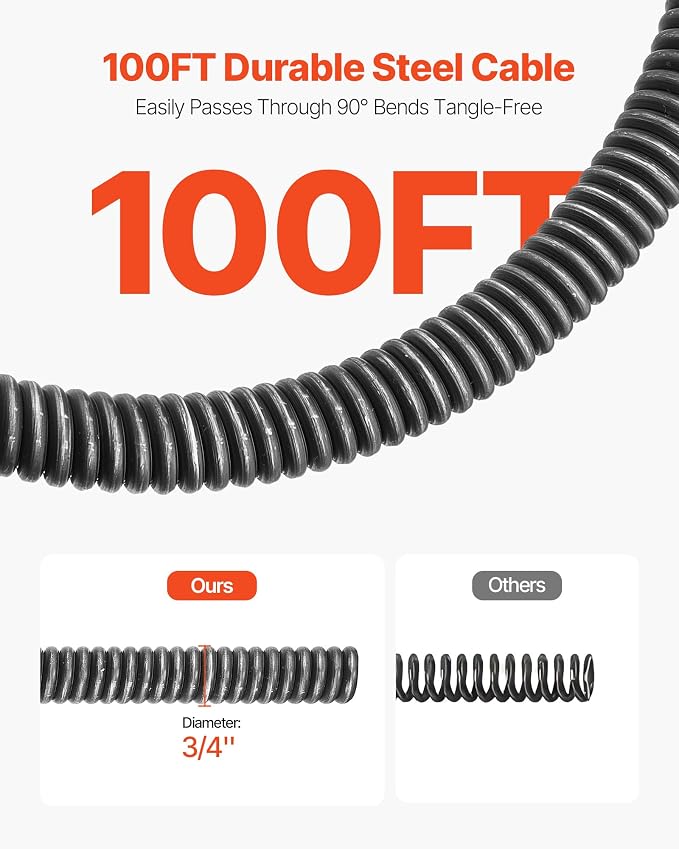 VEVOR Drain Cleaner Machine 100 FT x 3/4 Inch, Auto Feed Sewer Snake Auger on Wheels, Portable Drain Cleaning Machine with 4 Cutters & Air-activated Foot Switch for 4" to 8" Pipes