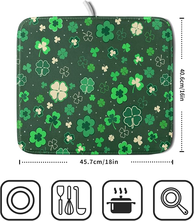 Happy St. Patrick's Day Dish Drying Mat for Kitchen Green Lucky Shamrock Clover Dish Drying Mat for Dishes Spring Irish Drying Mats 18x16 Inch Absorbent Reversible Dish Pad for Countertop Coffee Bar