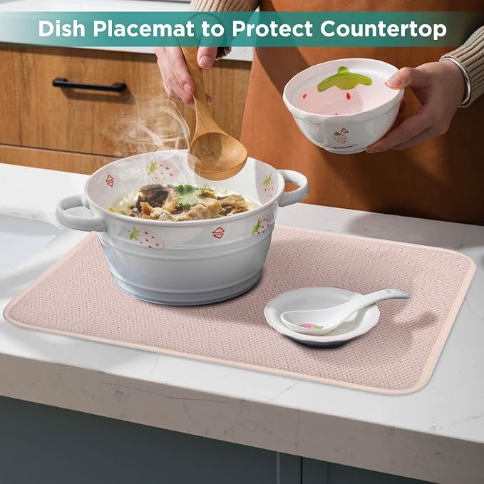 GeeRic Microfiber Dish Drying Mat Happy New Year, Super Absorbent Kitchen Dish Drying Pad for New Year Gift, Reversible for Countertop, 17.8 * 23.6 inch Beige