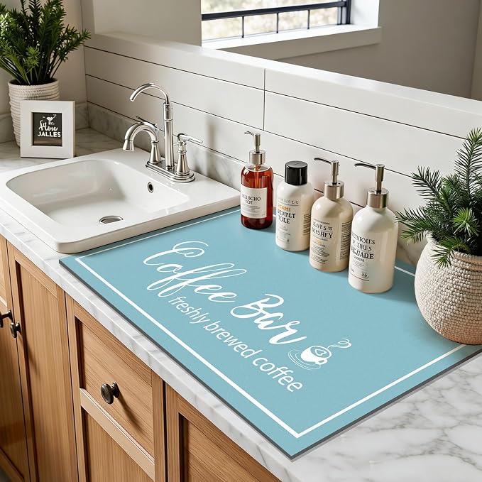Findosom Dish Drying Mat, 16"x 24" Super Absorbent & Hide Stain Coffee Mat, Cuttable Drying Mat for Kitchen Counter, Coffee Bar Accessories, Under Dish Rack, Coffee Maker, Espresso Machine, Blue