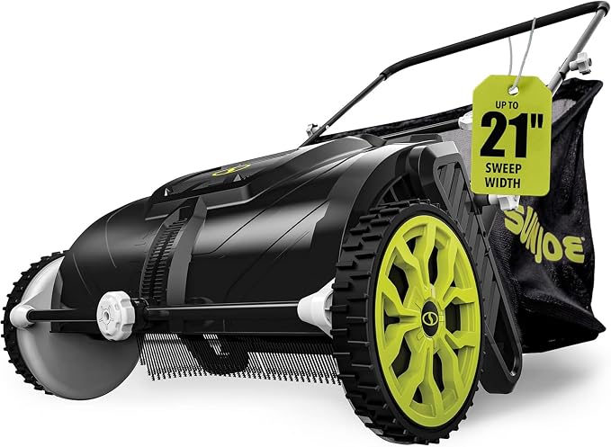 Sun Joe Manual Leaf Sweeper & Lawn Sweeper, 21 in. Push Sweeper with 22-Gal Collection Bag, Adjustable Height, Lightweight, No Battery or Gas Needed