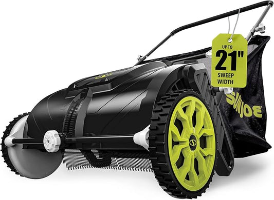Sun Joe Manual Leaf Sweeper & Lawn Sweeper, 21 in. Push Sweeper with 22-Gal Collection Bag, Adjustable Height, Lightweight, No Battery or Gas Needed