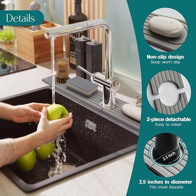 Eormoe Kitchen Sink Faucet Mat - 15.7in Diatomite Sink Protectors for Kitchen Sink, Stone Sink Splash Guard for Kitchen Counter Sink Accessories (Grey, 15.7'' x 3.9'')