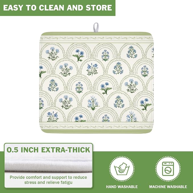 Blue Floral Print Green Stripe Dish Drying Mat 16 x 18 Inch | Rustic，Polyester，Absorbent Microfiber，for Kitchen Coffee Dining Bar Decor