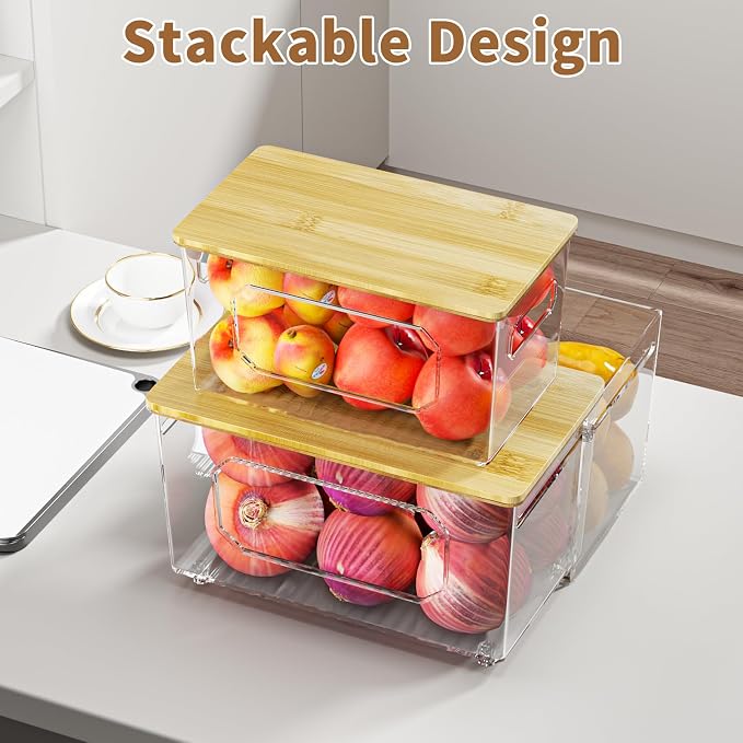 Trash Bag Holder 2-in-1 Under Sink Organizer, Acrylic Trash Bag Dispenser with Bamboo Lid and Pull-Out Basket for Cleaning Supplies, Space Saving Garbage Bag Holder for Kitchen Laundry Room Storage