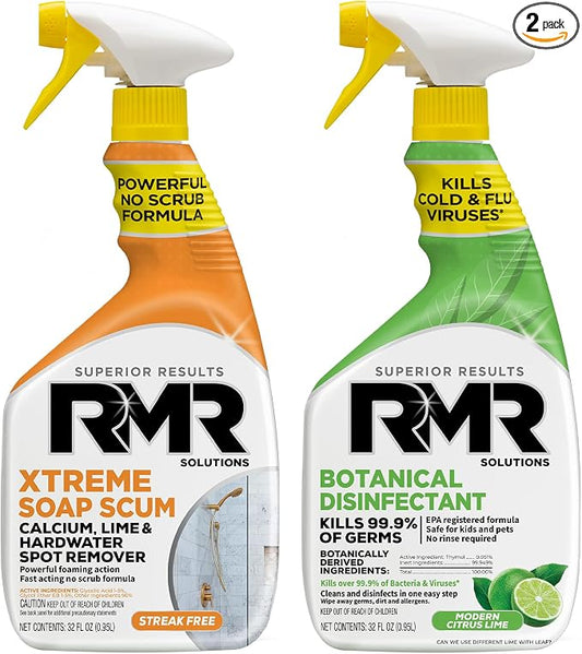 RMR Fresh Start System – Xtreme Soap Scum Remover + EPA-Registered Botanical Disinfectant Cleaner, Bathroom Cleaning & Disinfecting Bundle for Shower, Tub, Tile & Surfaces, 2–32 Oz Bottles