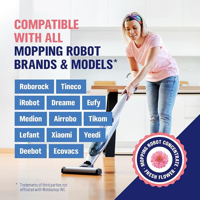 WoldoClean Robot Mop Cleaning Solution 25.4 fl.oz - Hard Floor Cleaner Liquid Concentrate, Anti-Clog, Fresh Scent, Compatible with Roborock, Dreame, Roomba, Tineco, iRobot Braava Jet, Shark