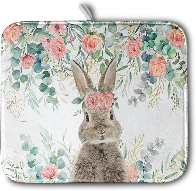 Easter Rabbit Dish Drying Mats for Kitchen Counter Easter Spring Watercolor Floral Bunny Absorbent Dish Drying Mat 16x18 Inch Absorbent Reversible Reusable Washable Dishes Drainer Mats