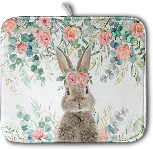 Easter Rabbit Dish Drying Mats for Kitchen Counter Easter Spring Watercolor Floral Bunny Absorbent Dish Drying Mat 16x18 Inch Absorbent Reversible Reusable Washable Dishes Drainer Mats
