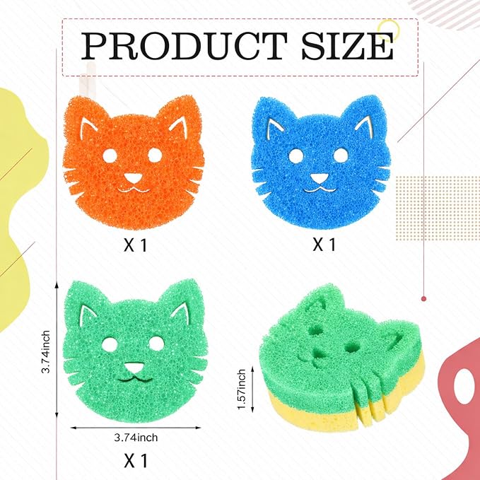 FillTouch 3 Pcs Dual Sided Scrub Sponge Multi Functional Cute Temperature Sensitive Non Scratch Dish Sponge for Washing Dishes Kitchen Bathroom (Cat,Green, Orange, Blue)