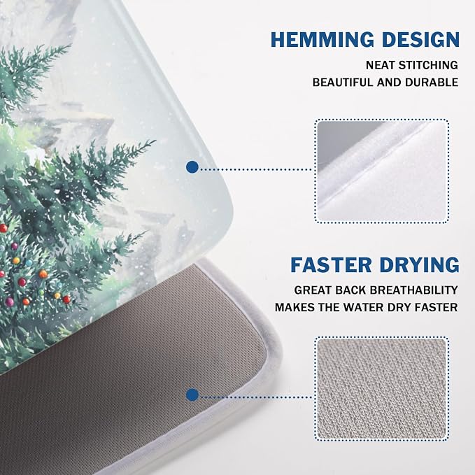Winter Snowscape Dish Drying Mat for Kitchen Counter Christmas Red Truck Trees Dish Drainer Mat Xmas Holiday Rustic Farmhouse Absorbent Washable Drying Pad 18"x24"