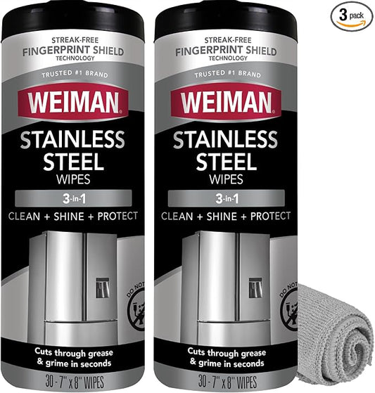 Weiman Stainless Steel Cleaner & Polish Kit, 2 Wipes & Cloth, Anti-Fingerprint, Removes Grease, Water Spots, Streaks & Residue, Polishing Cleaner Safe for Appliances, Chrome, Sinks & Grill Exteriors