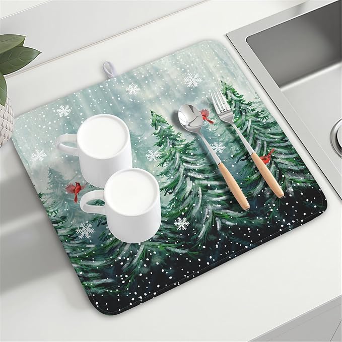 Welcome Winter Pines Tree Dish Drying Mat, Winter Snowflake Dish Drying Mat for Kitchen Counter, Red Birds Absorbent Fast Dry Dish Drainer Mat Protector Xmas Microfiber Dish Drying Pad 16"x18"