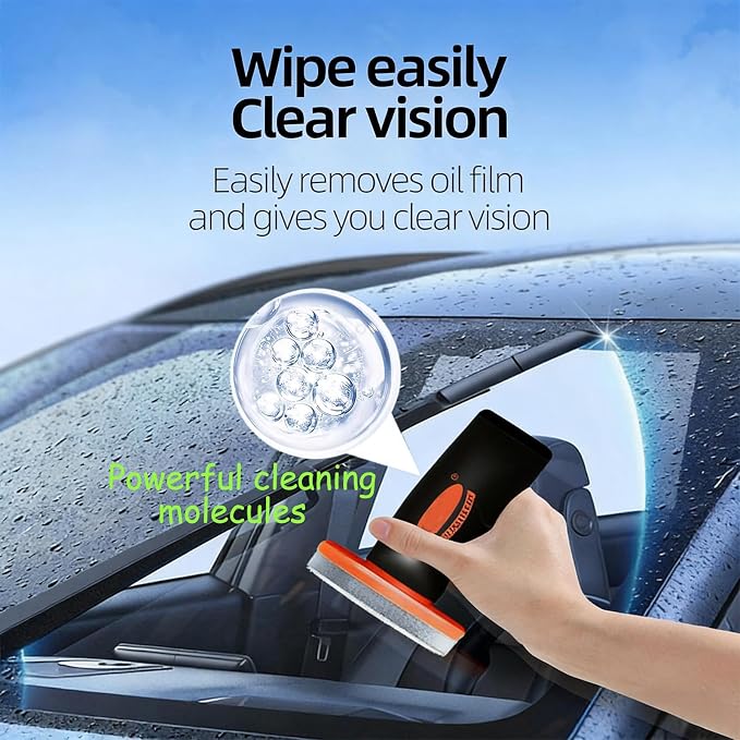 Glass Emulsion Cleaner, Windshield Cleaner, Car Windshield Cleaner Tool Roll-On Glass Compound with Cleaning Board, Removes Oil Film & Smudges, Improve Windshield Clarity for Safe Driving(100ml+Brush)