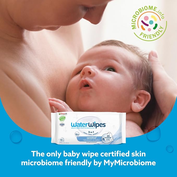 WaterWipes Sensitive+ Newborn & Baby Wipes, 3-In-1 Cleans, Cares, Protects, 99.9% Water, Unscented & Hypoallergenic, 720 Count (12 Packs)