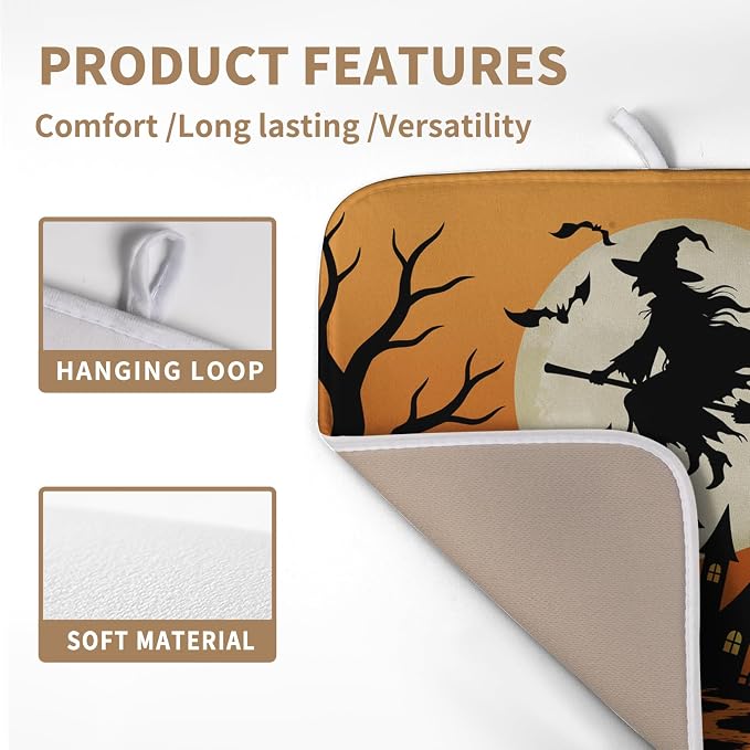 Halloween Dish Drying Mat for Kitchen Counter 16x18 Witch Castle Bats Ghost Drying Pad Orange Black Fall Holiday Dishes Drainer Mat Absorbent Microfiber Kitchen Countertop Protector Dish Mat