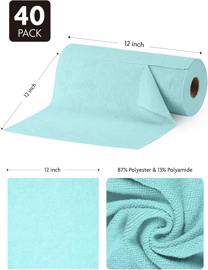Fantasticlean Microfiber Cleaning Cloth Roll- 40 Sheets, 12" x 12" (Blue) | Super Absorbent, Lint-free, Tear-away Microfiber Towel Roll, for All-Purpose Cleaning
