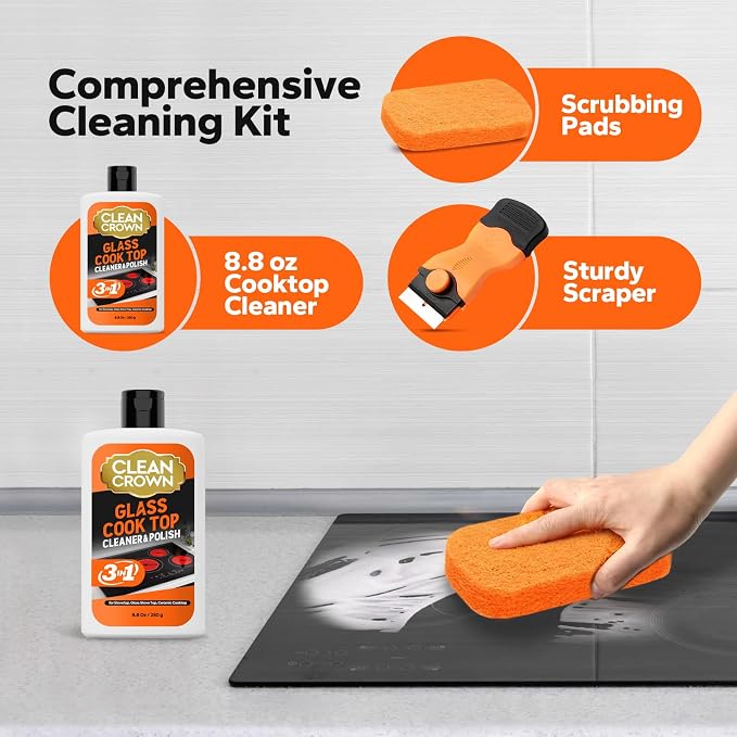 3-in-1 Cooktop Cleaner Kit (8.8 Oz Cooktop Cleaner + Scrubbing Pad + Scraper), Stovetop Cleaner for Electric Top Stoves, Ceramic Cooktops & Fireplace Glass, Remove Burned on Food, Grease