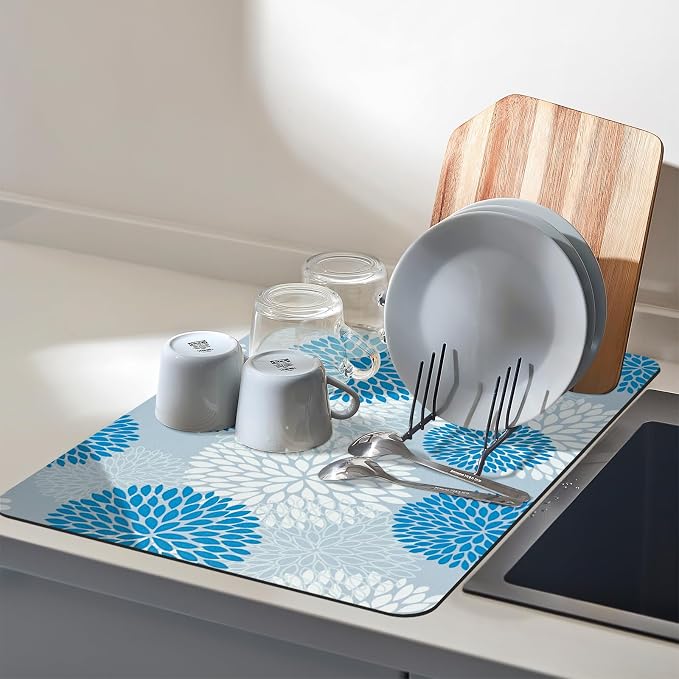 Dish Drying Mat, Dish Mat Drying Kitchen Mat with Rubber Backed, Hide Stain Kitchen Super Absorbent Draining Mat, Easy to Clean Dish Rack Pad for Dishes Countertop (Blue Floral, 16" x 24" )