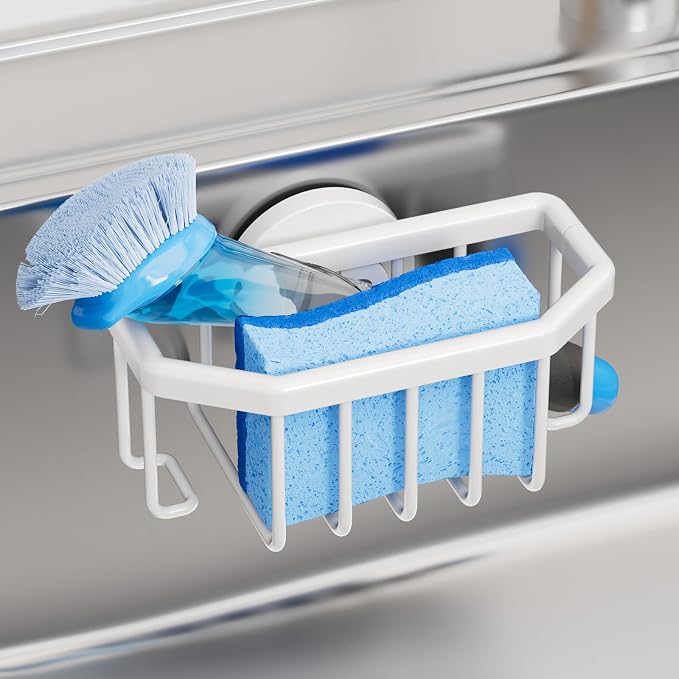 TAILI Sink Caddy with Strong Suction Cup, Sponge Holder for Kitchen Sink Organizer, Removable Sponge Caddy Inside Sink, Rustproof Aluminum Holder for Sponges, Brushes - White
