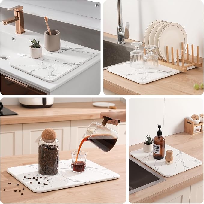 WALL 2 Pack Quick Dry Stone Drying Mat for Kitchen Counter, Water-Absorbent Diatomaceous Dish Drying Mats, Multi-Purpose Stone Drying Tray for Cups Dishes Bottles, Pearl White-Marble