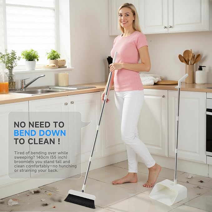 Magic Broom and Dustpan Set with Silicone Broom Squeegee, 55'' Broom with Dustpan Combo Set Self-Cleaning Teeth Design Upright Standing Dustpan for Indoor Floor Home Kitchen