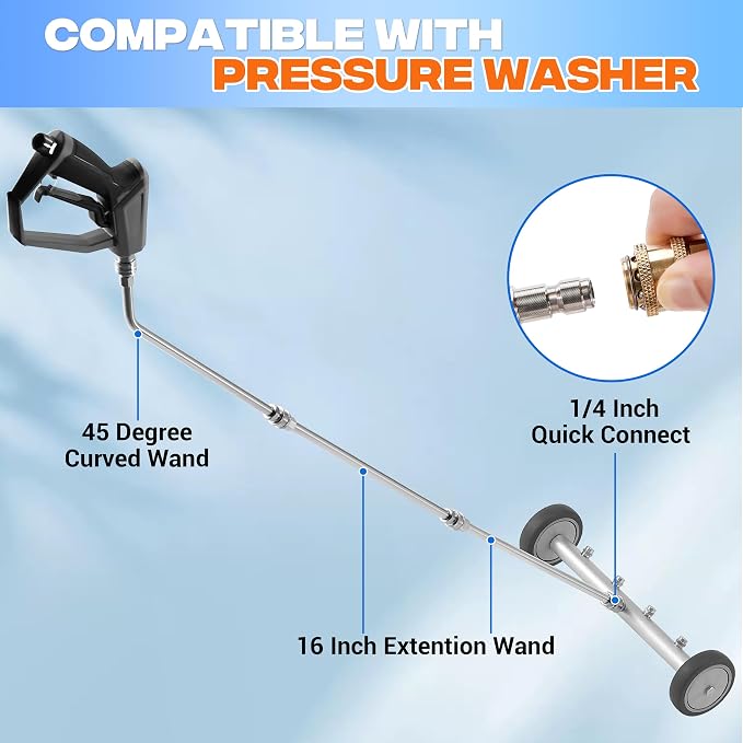 M MINGLE 16 Inch Powerful Under Car Washer with Car Wash Mitt, 4000 PSI | Undercarriage Pressure Washer Attachment, Low Clearance Rolling Wheels, Fits Sedans, SUVs and Trucks